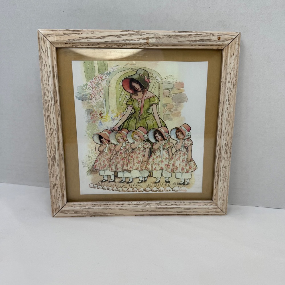 Vintage Framed Art Print Victorian Girls Sunbonnets Cottagecore Nursery Decor